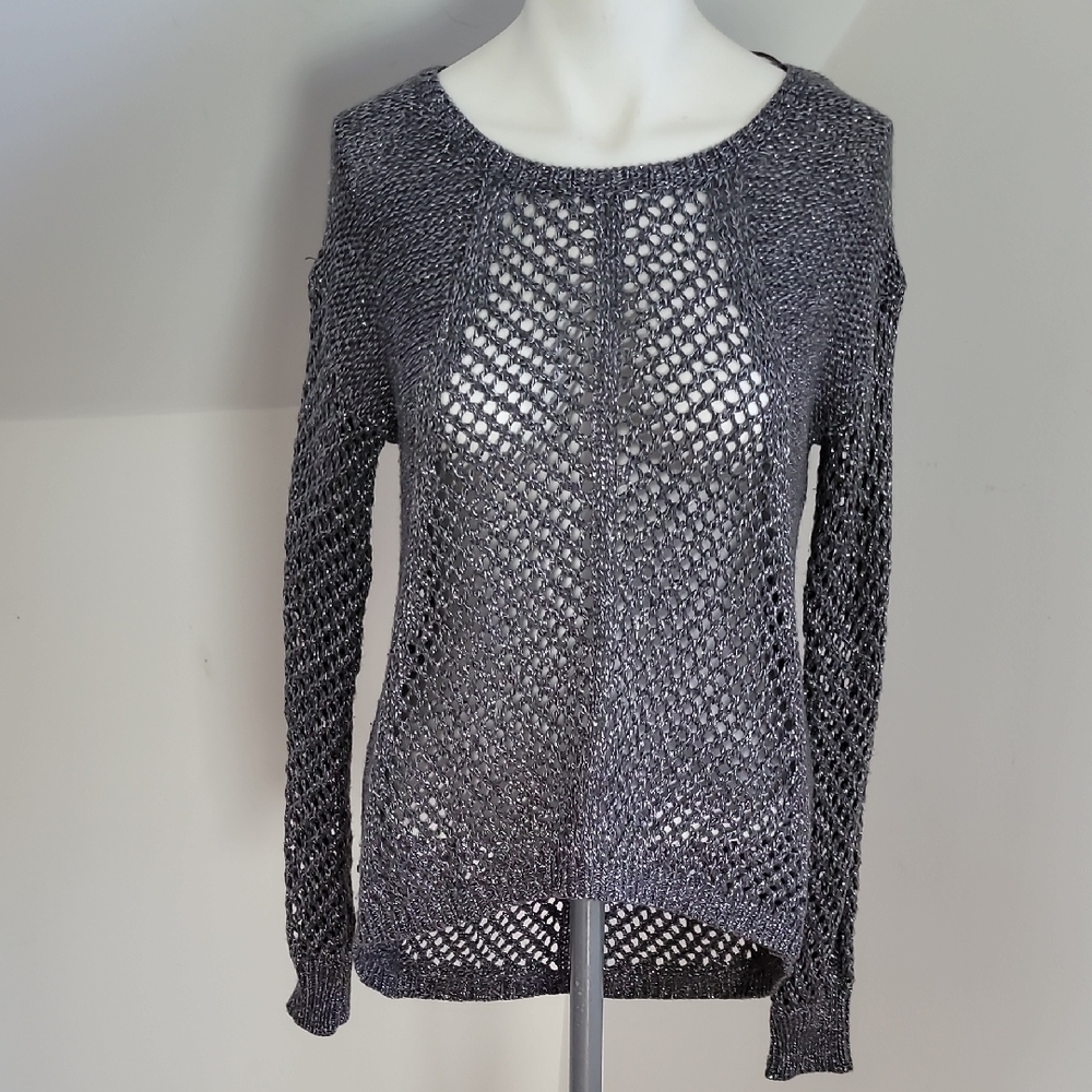 Rock & Republic Women's Gray Metallic Open Knit High-Low Pullover Sweater Size S